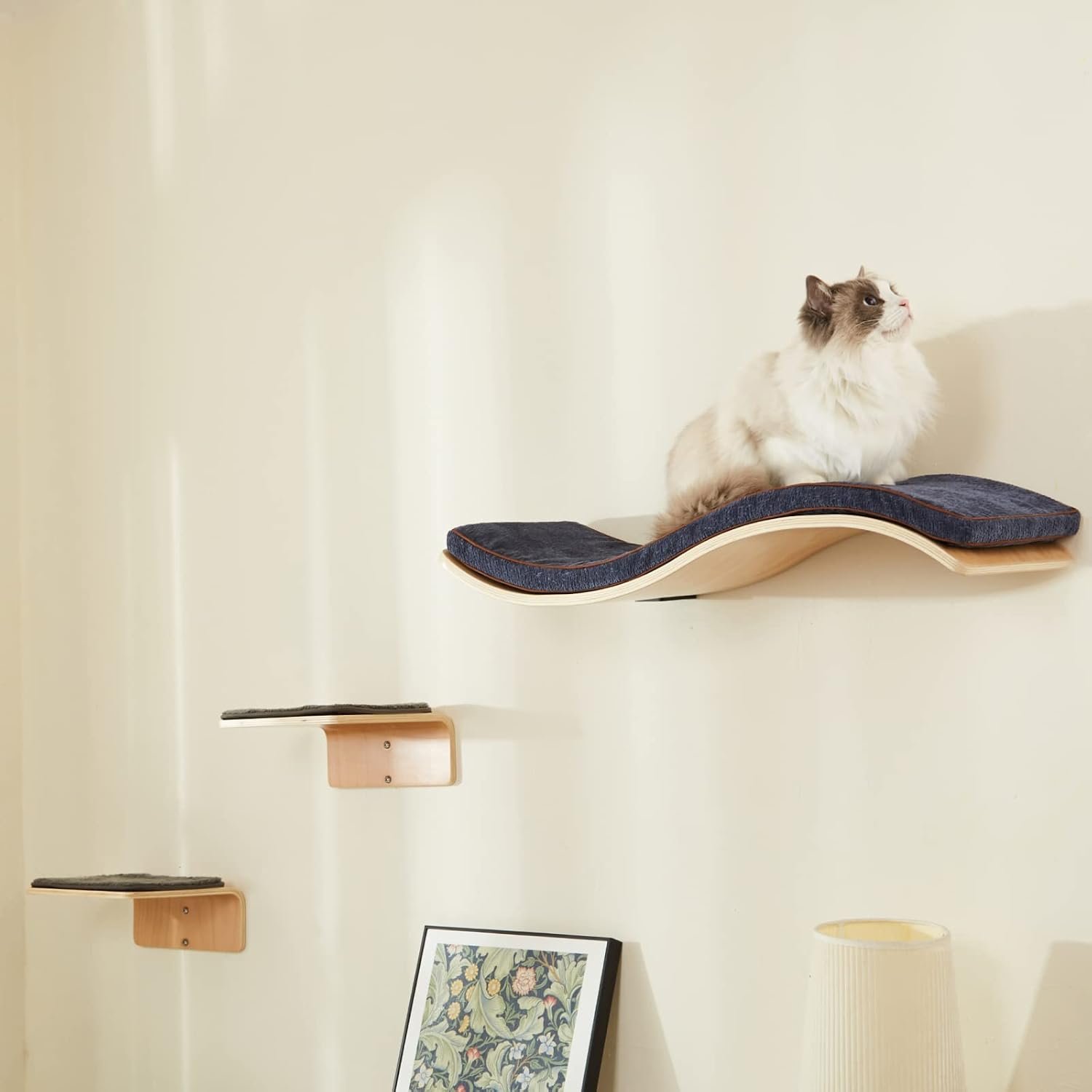 LIORCE Cat Wall Shelf with Two Steps – Wave Cat Shelves and Perches for Wall – Wall Mounted Cats Furniture for Sleeping, Playing, Climbing, and Lounging