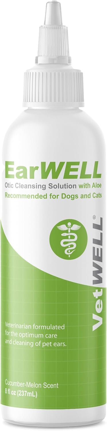 VetWELL Ear Cleaner for Dogs and Cats – Cucumber Melon – 8 oz | Otic Ear Solution for Pets to Help Manage Odor and Reduce Wax Build Up