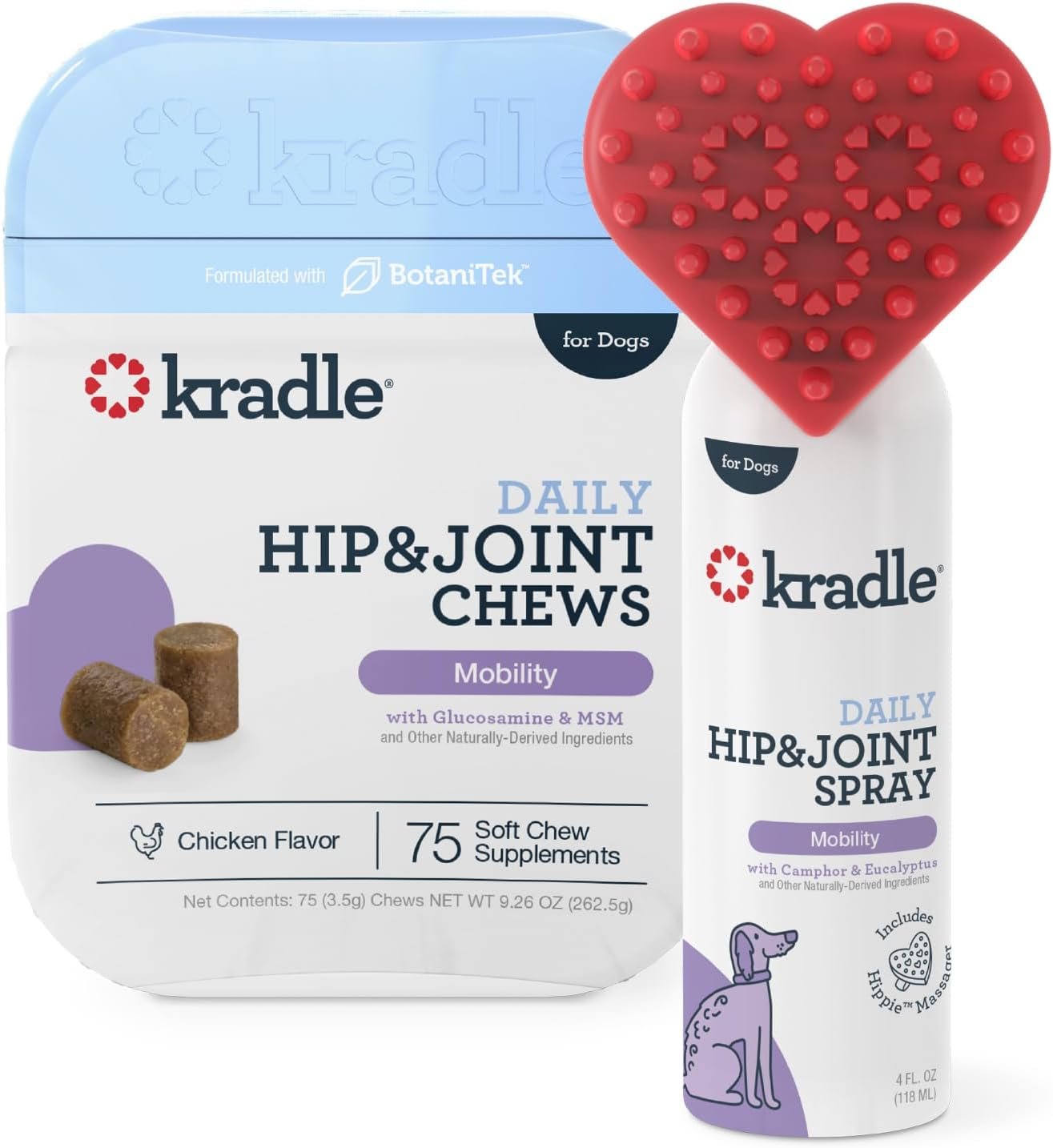 Kradle Hip & Joint Bundle, Dog Mobility Support, 75 Soft Chews + 4 oz Spray | Vet-formulated hip and joint soft chews with Glucosamine, Chondroitin, MSM and turmeric. Also includes 4 oz topical spray.
