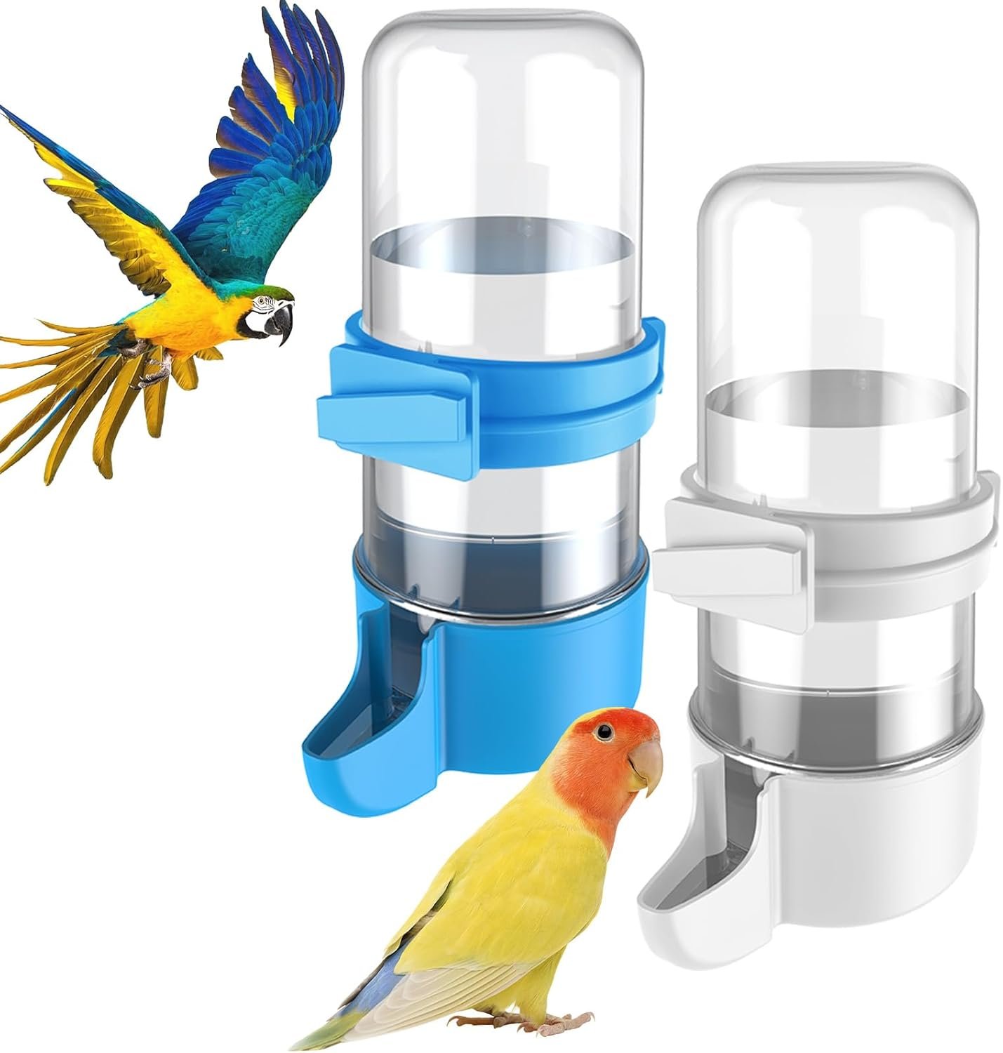 Pawfly Auto Bird Waterer, 2-Pack Cage Dispenser Feeder for Parrots, Hamsters – Small Bird Accessories for Cockatiel, Budgie, Lovebirds (White/Blue)