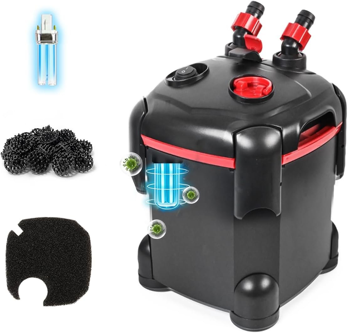 PONDFORSE Canister Filter, External Aquarium Filter Ultra-Quiet with Media | Adjustable Flow Rate, Multiple Filtration Approaches, Powerful Water Circulation Cleaning Machine for Fish Tanks and Aquarium