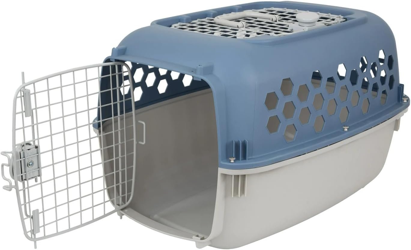 Portable Double Door Plastic Pet Carrier for Dogs & Cats – 24″ Durable Ventilated Kennel with Top Loading, Airline Approved, Foldable Design for Travel & Vet Visits