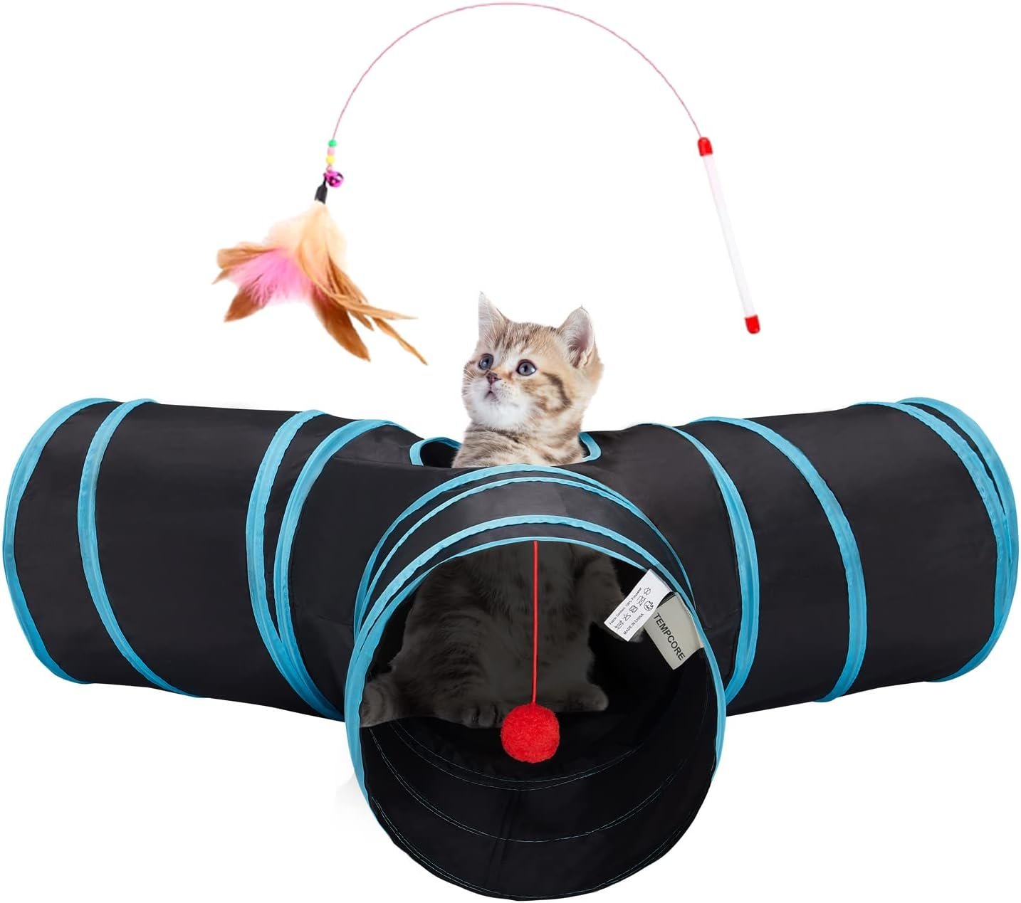Tempcore Cat Tunnel, 3-Way Collapsible Toy for Indoor Cats, Black & Blue | 3-Way Cat Tunnel with Peek Holes, Hanging Ball and Teaser Wand, Collapsible Design for Play, Hiding, Chasing and Exercise
