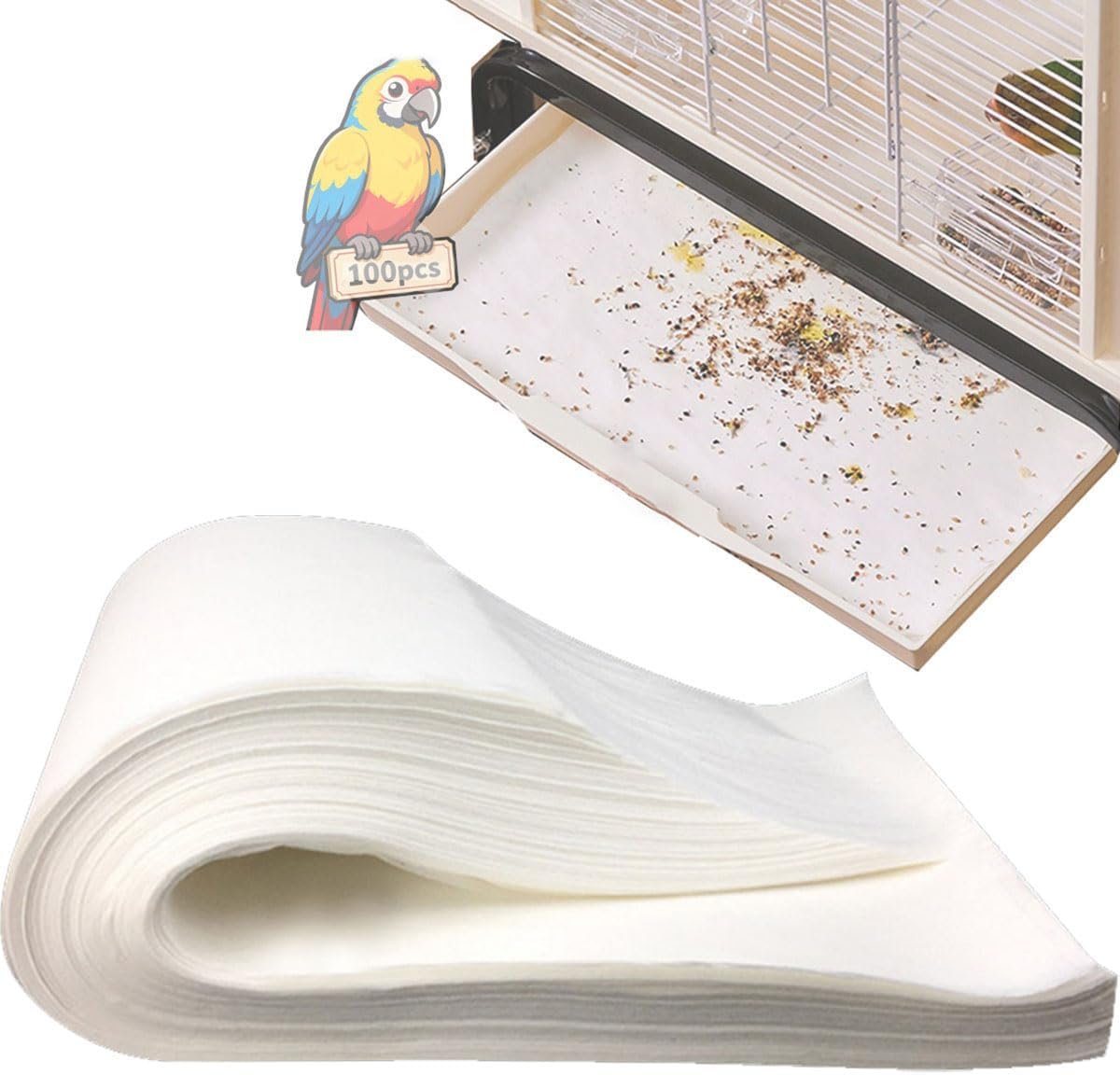 100pcs Bird Cage Liner Papers,11×20in Big Size Disposable Non-Woven Cage Paper Liners Precut Absorbent Cushion Pad Mat Accessories for Pet Bird Parrot