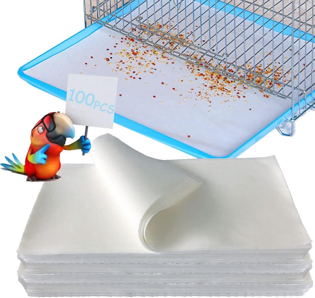 Firdnyohs 100PCS Bird Cage Liner Papers, Disposable Cage Paper Liners Precut Absorbent Cushion Pad Mat Accessories for Pet Bird Parrot (White)