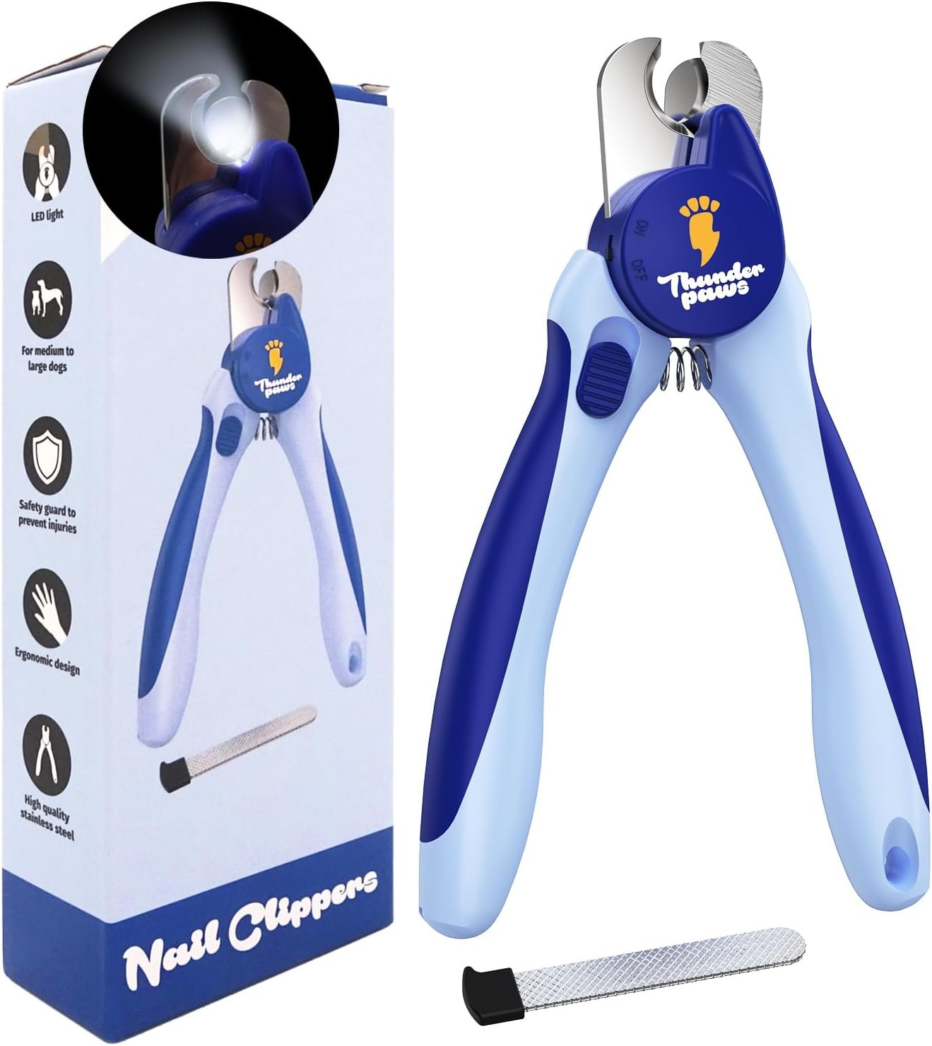 LED Dog Nail Clippers with Light Illumination, Trimmers with Protective Guard, Safety Lock and Nail File – Suitable for Large and Small Dogs & Cats (Blue)