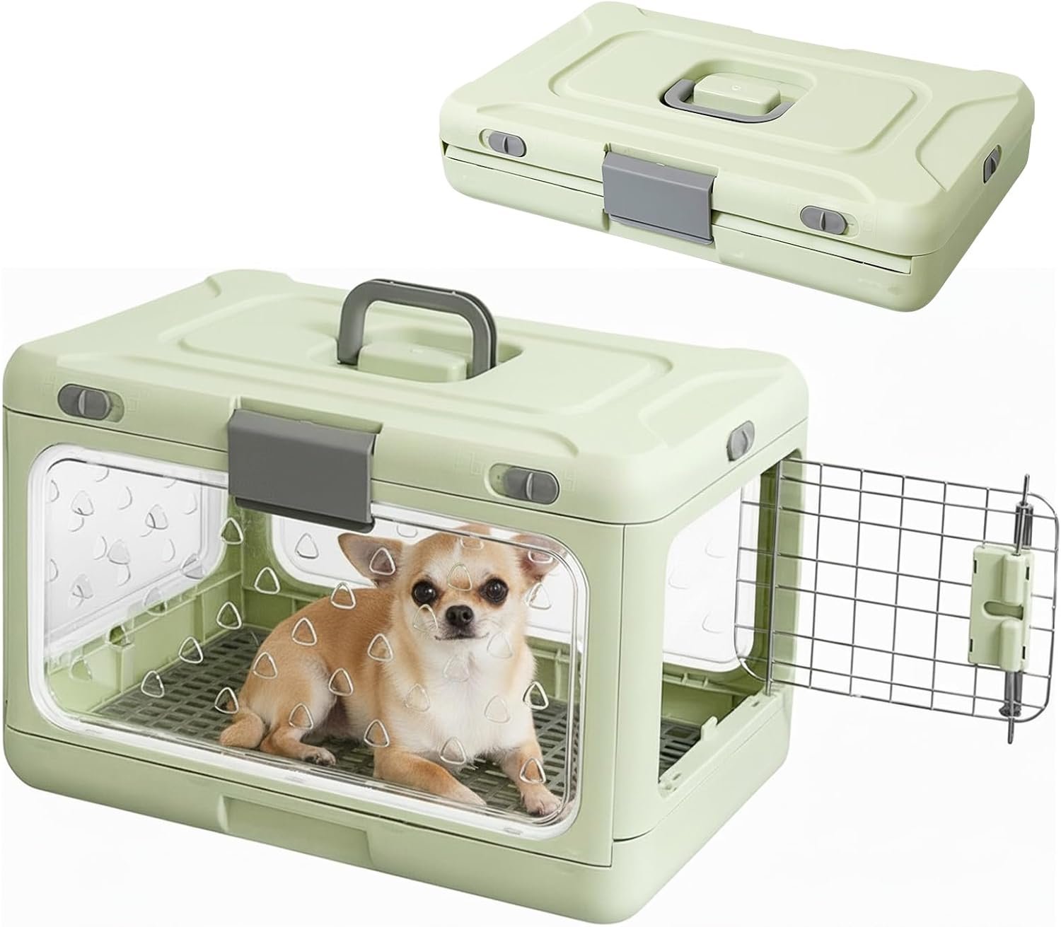 Hard Cat Carrier,Dog Crate for Small Dogs,Cat Kennel Clear,Foldable Dog Kennel with Urine Pad Mesh Grid,Ventilation & Hard Plastic Protection Transparent Pet Carrier 20″ L,Green