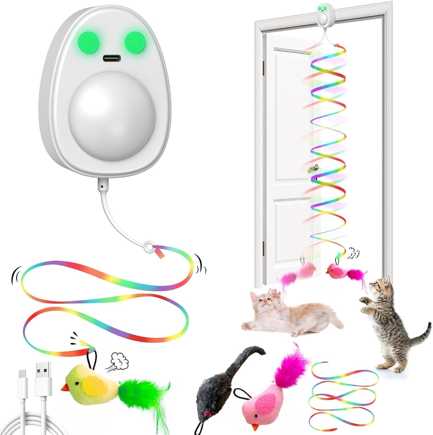 Interactive Cat Toys for Indoor Cats,Electric Flying Bird & Mouse Wand Teaser, Automatic Hanging Door Frame Chase/Hunt/Exercise Stimulate String Cat Toy for Bored Indoor Adult & Kitten