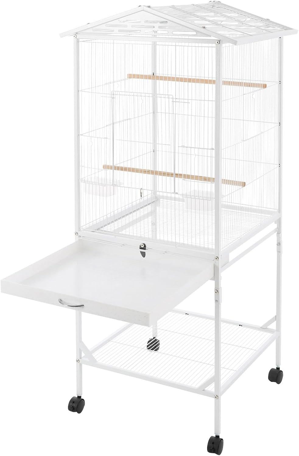54Inch Wrought Iron Bird Cage with Rolling Stand | Metal Parrot Cage with Open Play Top,Perch Stand,Removable Tray,for Conures Lovebirds Cockatiels Finches (White)