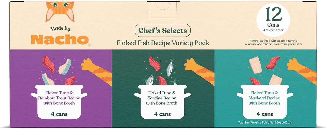 Made by Nacho Flaked Filets Recipe in Bone Broth, Grain-Free Chef’s Selects Wet Food for Cats Balanced Diet in Naturally Hydrating Pumpkin-Infused Broth (3.0 oz (Pack of 12), Flaked Fish Variety Pack) | Delicate flaked filets in broth with premium seafood flavor, hydration and elevated mealtime appeal