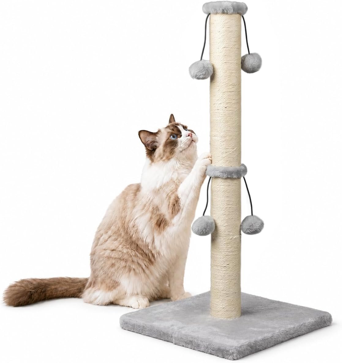 Dimaka 29” Cat Scratching Post, Natural Sisal Rope Scratcher Post, Kitten Claw Scratch with 4 DanglingToy Balls for Large Cats (Grey)
