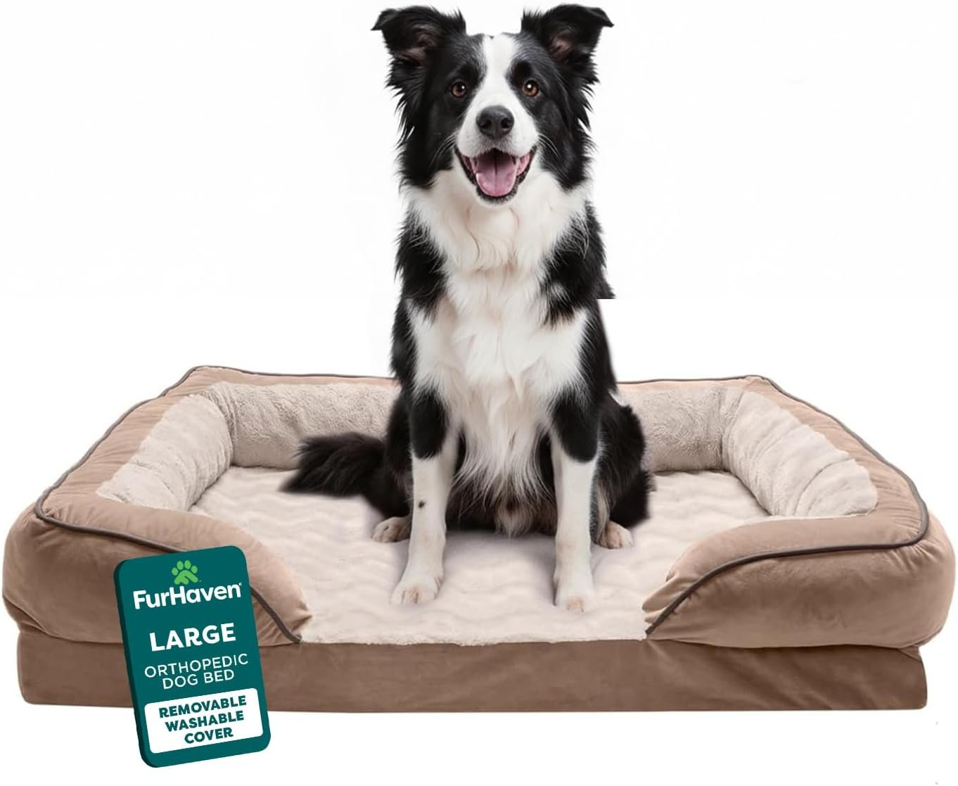 Furhaven Orthopedic Dog Bed for Large/Medium Dogs w/ Removable Bolsters & Washable Cover, For Dogs Up to 55 lbs – Plush & Velvet Waves Perfect Comfort Sofa – Brownstone, Large