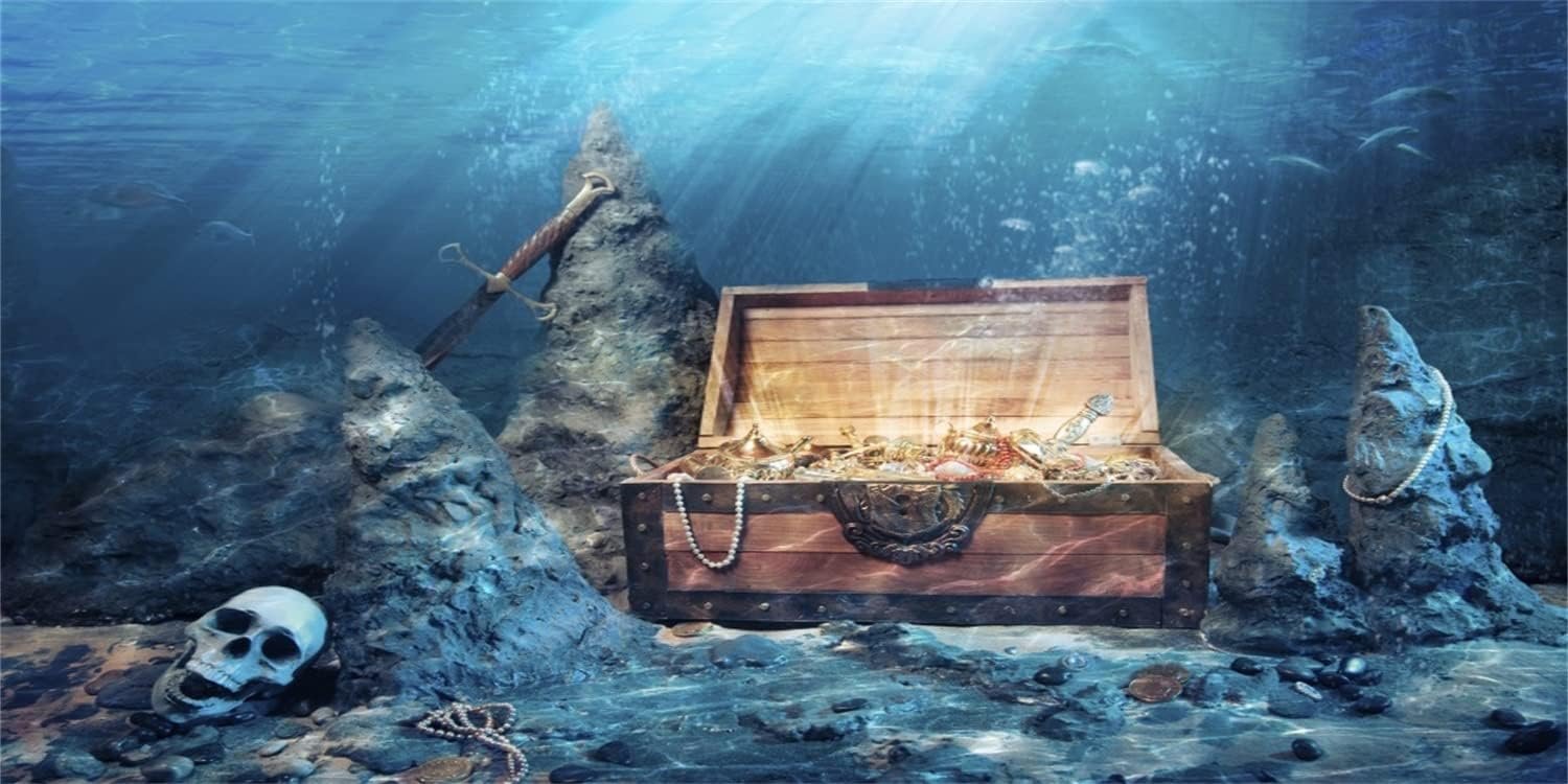 48×20 in Underwater Aquarium Backdrop Treasure Chest Fish Tank Background | AWERT Bright Gold Treasure Box Adventure Water Wealth Pirate Terrarium Background Vinyl