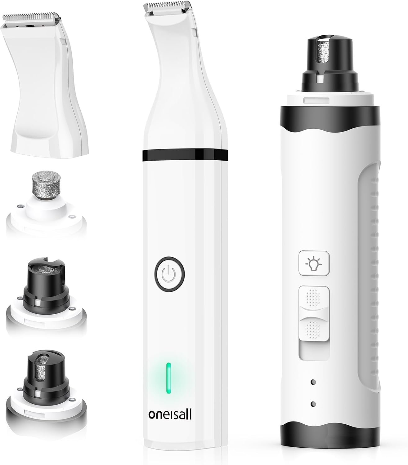oneisall 3 in 1 Dog Nail Grinder & Paw Trimmer Kit, 2 LED Lights | 2 Replaceable Blades, 6500/7500RPM, 2 Speeds, Low Noise, Cordless & Rechargeable, Safe for Paw, Face, Ears, Body
