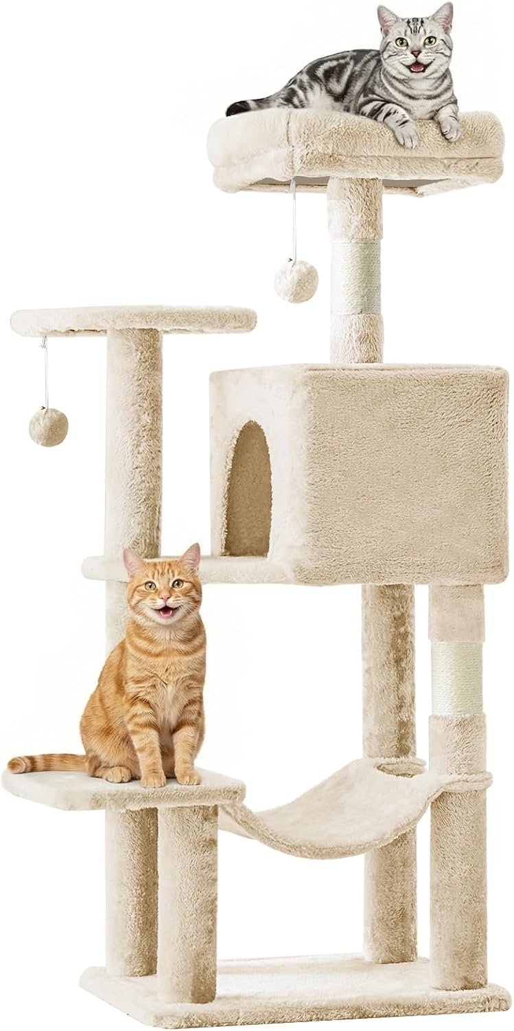 Sweetcrispy 44 Inch Cat Tree Tower for Indoor Cats and Kittens | Multi Level Cat Climbing Tower with Natural Sisal Scratching Posts, Hammock, Pet Condo, Beige