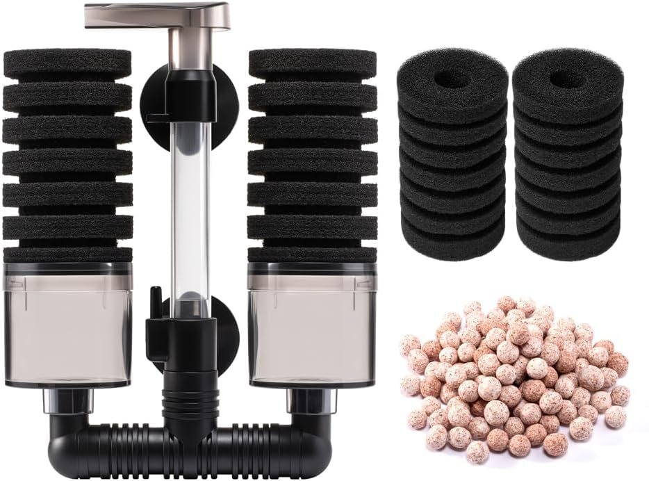 DaToo Aquarium Sponge Filter Fish Tank Foam Filter Quiet Submersible Bio Sponge Filter with 2 Spare Sponges and 1 Bag of Bio Ceramic Media Balls