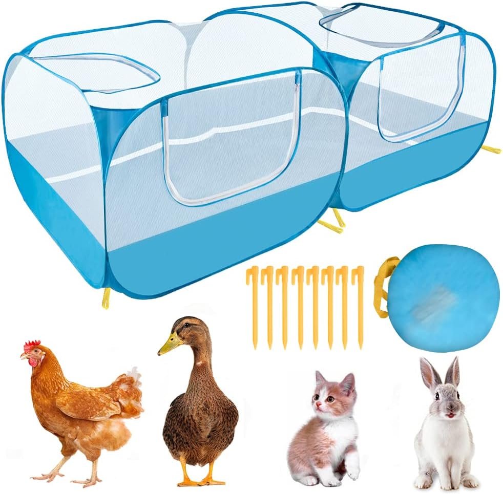Lukovee Small Animals Playpen, Foldable Pet Playpen, 73″x36″x25″ | Escape-Proof Detachable Bottom, 4 Zipper Doors, Breathable, Pen for Puppy Chicken Duck Kitten Rabbits Run Outdoor Yard , Blue