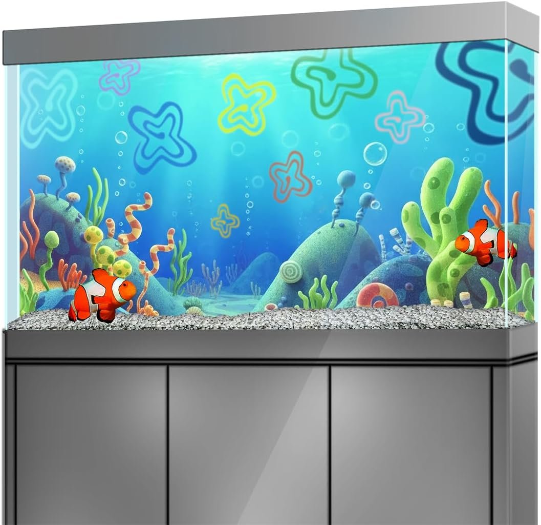 Aquarium Background Stickers for 5-12 Gallon Tanks, Cartoon Underwater Self-Adhesive Fish Tank Reptile Terrarium Decor Poster (24 x 12inches / (61 x 31 cm))