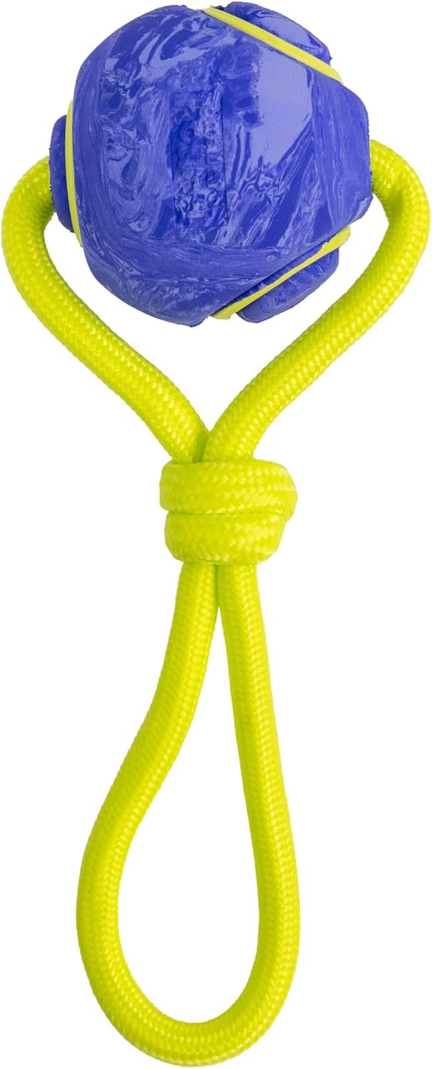 Outward Hound FlyFetch Ball Tug Dog Toy, Durable Rubber & Rope for Fetch and Tug-of-War, Lightweight, Floats, 9″ x 3″