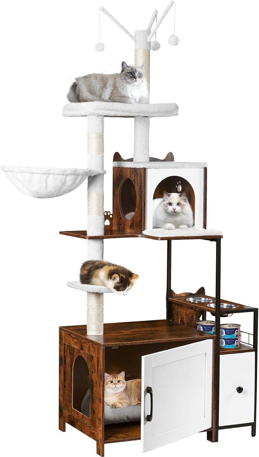 Snughome Cat Tree with Litter Box Enclosure, 3-in-1 Modern Cat Tower for Indoor Cats, 67.32’’ Hidden Cat Litter Box Furniture with Cat Condo, Food Station and Hammocks, All-in-one Cat Furniture