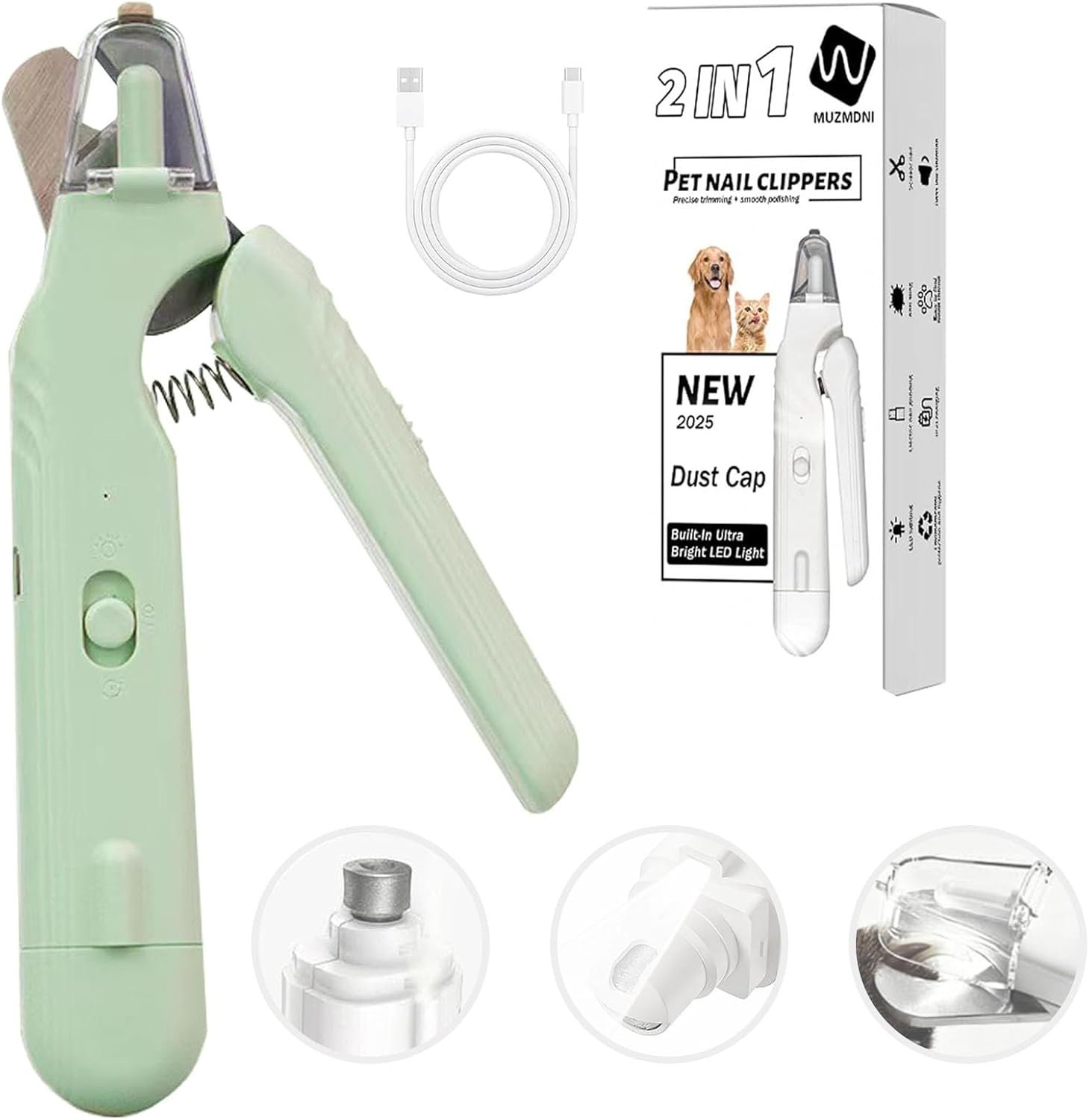 2-in-1 Dog Nail Grinder & Dog Nail Clippers Trimmers for Large Medium Small Dogs Cats Pets Claw Trimmer with LED Lights (Green)