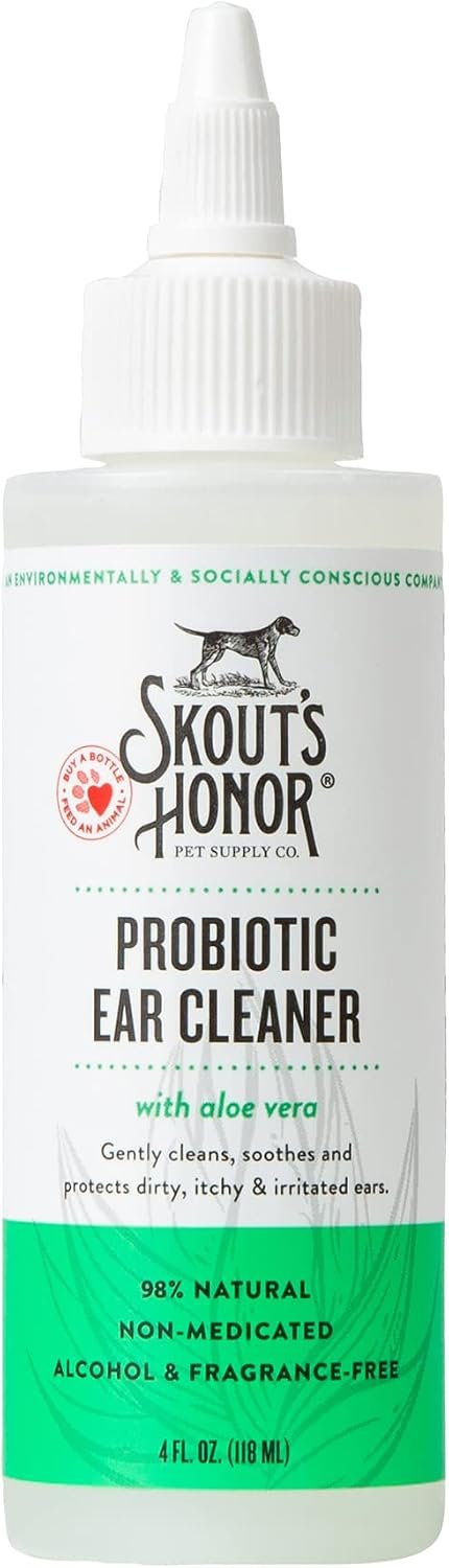 SKOUT’S HONOR Probiotic Dog Ear Cleaner, 4 oz | Non-Medicated Gentle Ear Cleaning Solution for Itchy Ears, Microbiome-Friendly with Aloe Vera, Alcohol-Free, Unscented