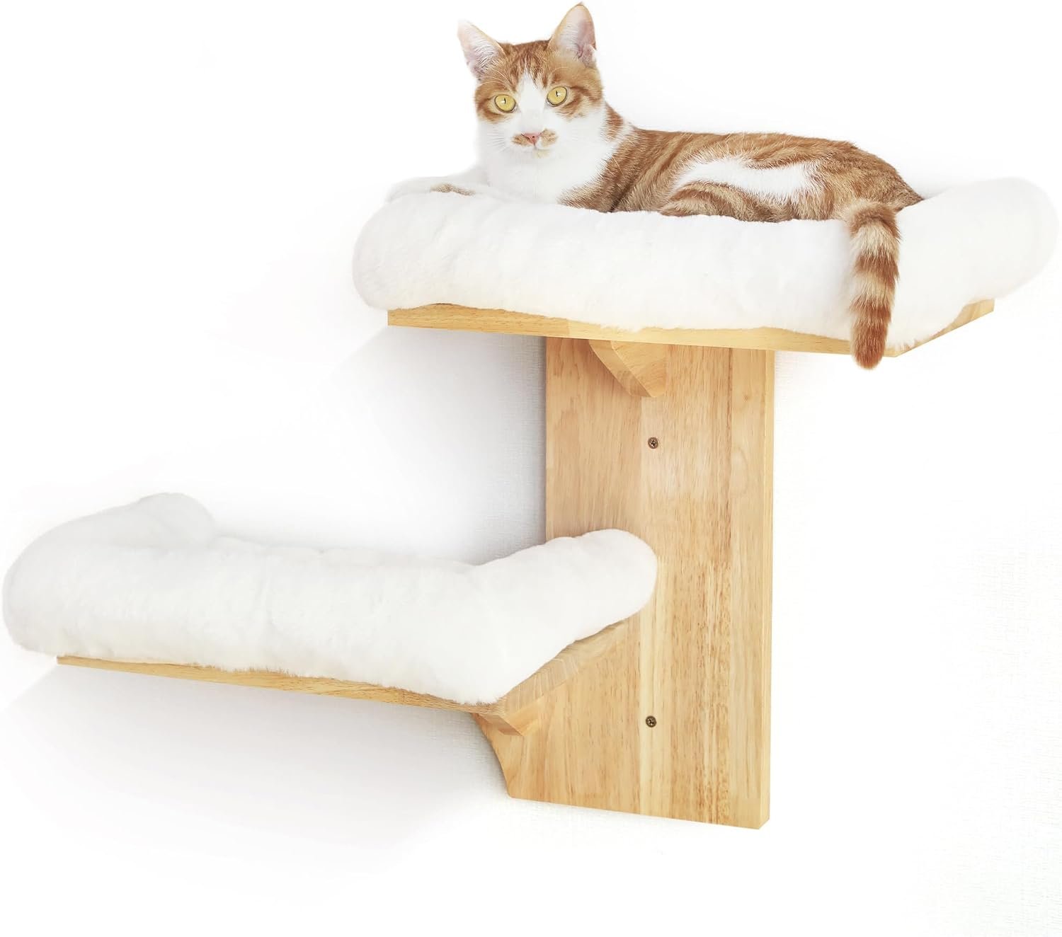 FUKUMARU Cat Wall Shelves, 2 Platform with Soft Cushion Perch | Floating Shelf Kitten Furniture, Solid Rubber Wood Cats Perch For 16 Inch Drywall, Suitable for Climb, Play, Nap