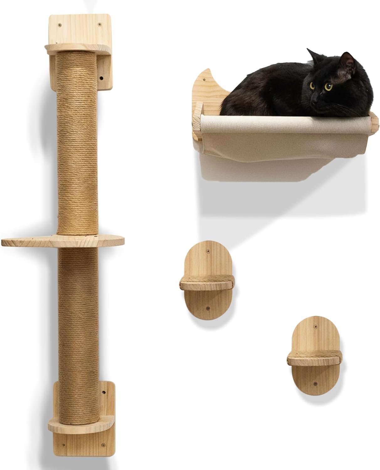 4-in-1 Window & Wall Mount Cat Wall Shelves – Hammock, Steps & Scratching Post with Landing | Space-Saving Pet Furniture for Glass & Drywall | Modern Cat Window Perch | Fits up to 40 lbs