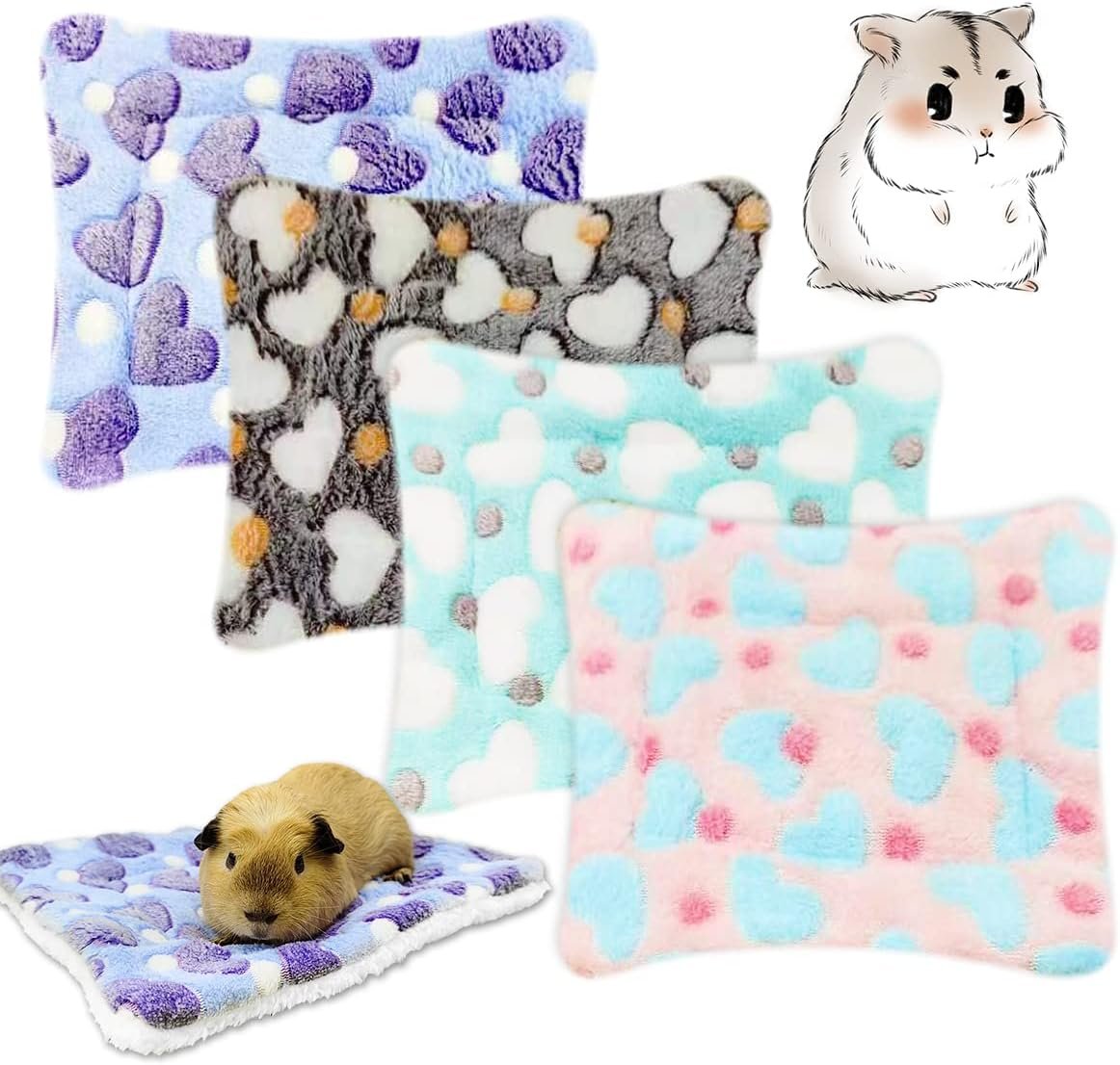 EAEDMY 4 Pieces Guinea Pig Bunny Comfortable Bed Mats Pads, Rabbit Warm Soft Bed, Hamster Bedding Pad Mats for Small Animals Chinchilla Hedgehog Baby Cats (11.8″x9.1″, 1.Hearts Pattern)