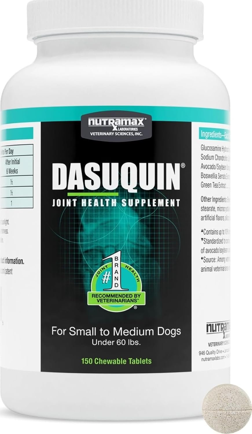 Nutramax Dasuquin for Small to Medium Dogs, Joint Health Supplement, Contains Glucosamine for Dogs, Plus Chondroitin, ASU and More, Supports Healthy Joints, Chewable Tablets, 150 Count | Glucosamine and Chondroitin & ASU, Supports Healthy Joints, For Dogs under 60 lbs, All Ages, Chewable Tablets