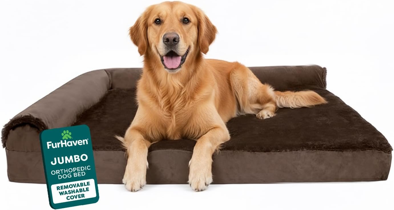 FurHaven Orthopedic Dog Bed for Large Dogs, L-Shaped Chaise Mattress, Egg Crate with a Solid Orthopedic Foam Base for Joint Support, Removable Washable Cover, Jumbo XL, Plush & Velvet, Sable Brown