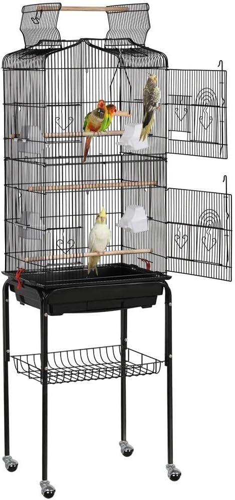 Yaheetech 64” Open Top Bird Cage for Parakeets & Cockatiels, Black | Detachable Rolling Stand with Shelf, Easy Clean Slide Out Tray, 4 Feeder Doors, 0.4” Bar Spacing, Indoor & Outdoor Use