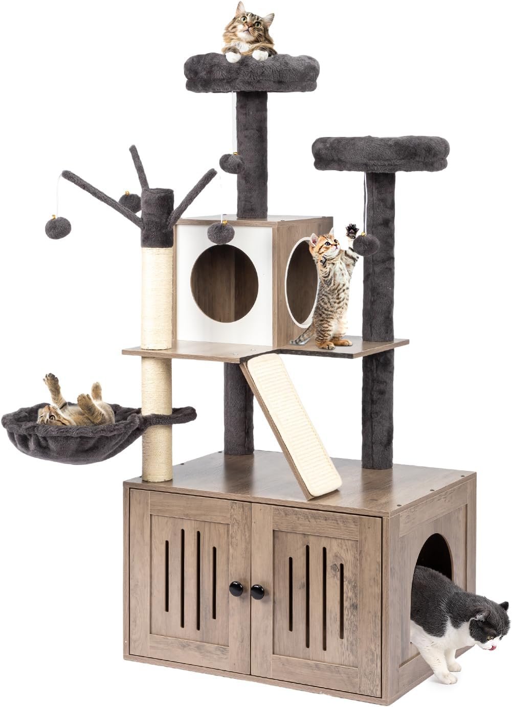 VINGLI Cat Tree Tower with Litter Box, 54″ H All-in-1 Wooden Cats Condo, Cat Tower wih Scratching Posts, Houses for Indoor Kittens Hidden Cat Washroom Furniture (Gray & Wood, 54″ H)
