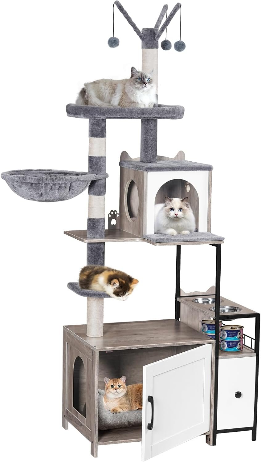 Snughome Cat Tree with Litter Box Enclosure, 3-in-1 Modern Cat Tower for Indoor Cats, 67.32’’ Hidden Cat Litter Box Furniture with Cat Condo, Food Station and Hammocks, All-in-one Cat Furniture