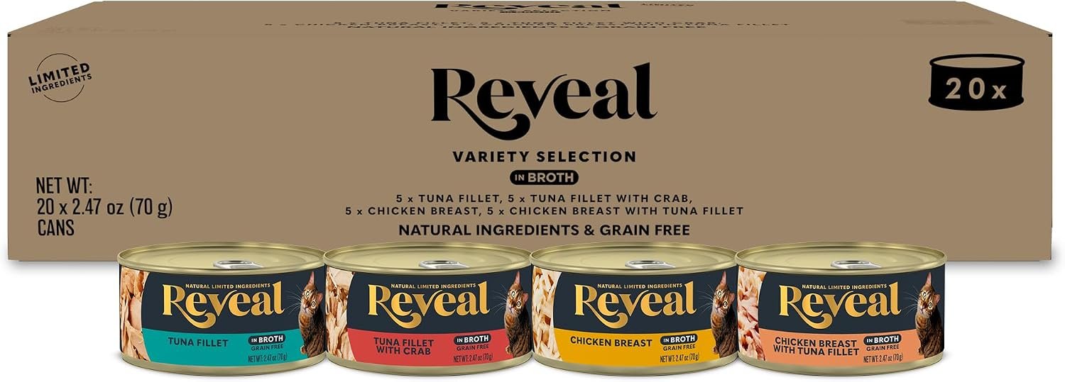 Reveal Fish & Chicken Variety in Broth Wet Cat Food 20-Pack 2.47 oz Cans | 100% Natural, High Quality Protein, Limited Ingredient, Grain Free, No Fillers, No Artificial Additives, No By-Products