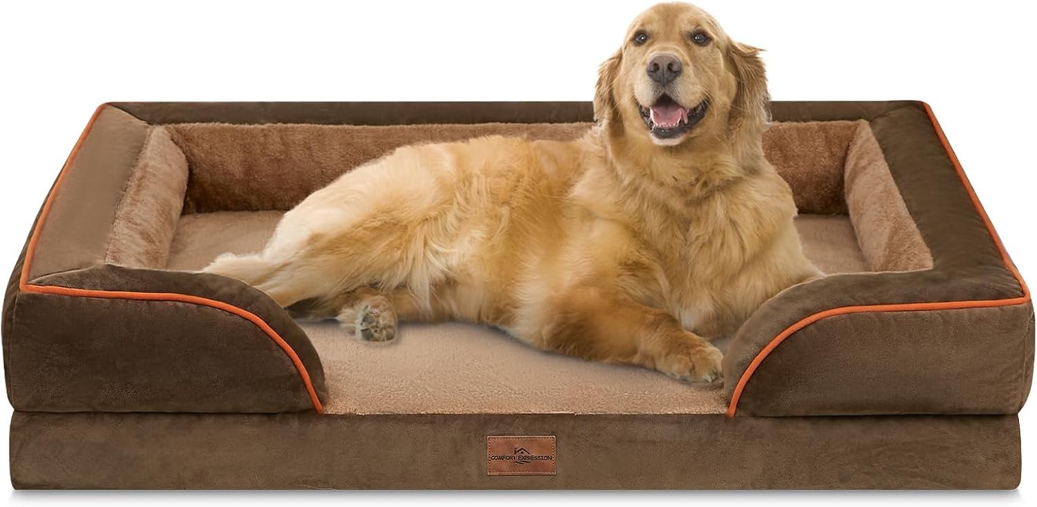 Comfort Expression Waterproof Orthopedic Dog Bed for Extra Large Dogs | Supportive Egg Crate Foam XL Pet Bed with Removable Bolster, Dog Couch with Washable Cover & Non-Slip Bottom, 42×30 Inch