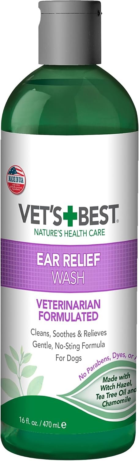 Vet’s Best Dog Ear Relief Wash, No-Alcohol, Wax Control, No-Sting, 16 oz | Alcohol-Free Ear Cleanser, Helps Remove Wax & Debris, Controls Odors & Itching, Gentle Daily Ear Care for Dogs