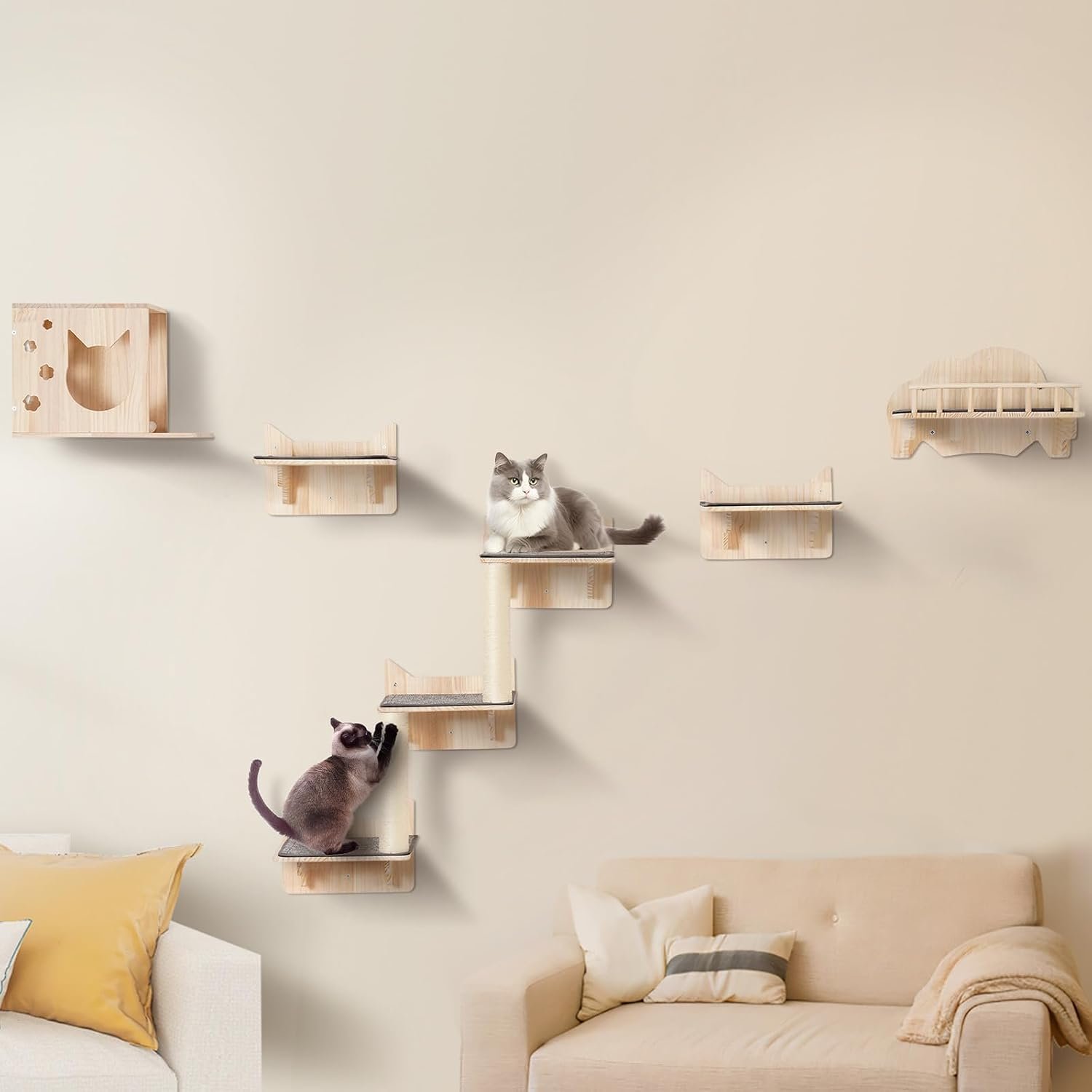 VEVOR Wall Mounted Cat Shelves and Perches with Jumping Boards, Nest, Barrier Board & Tree, Floating Furniture up to 40 lbs for Sleeping, Playing, Climbing, Set of 5