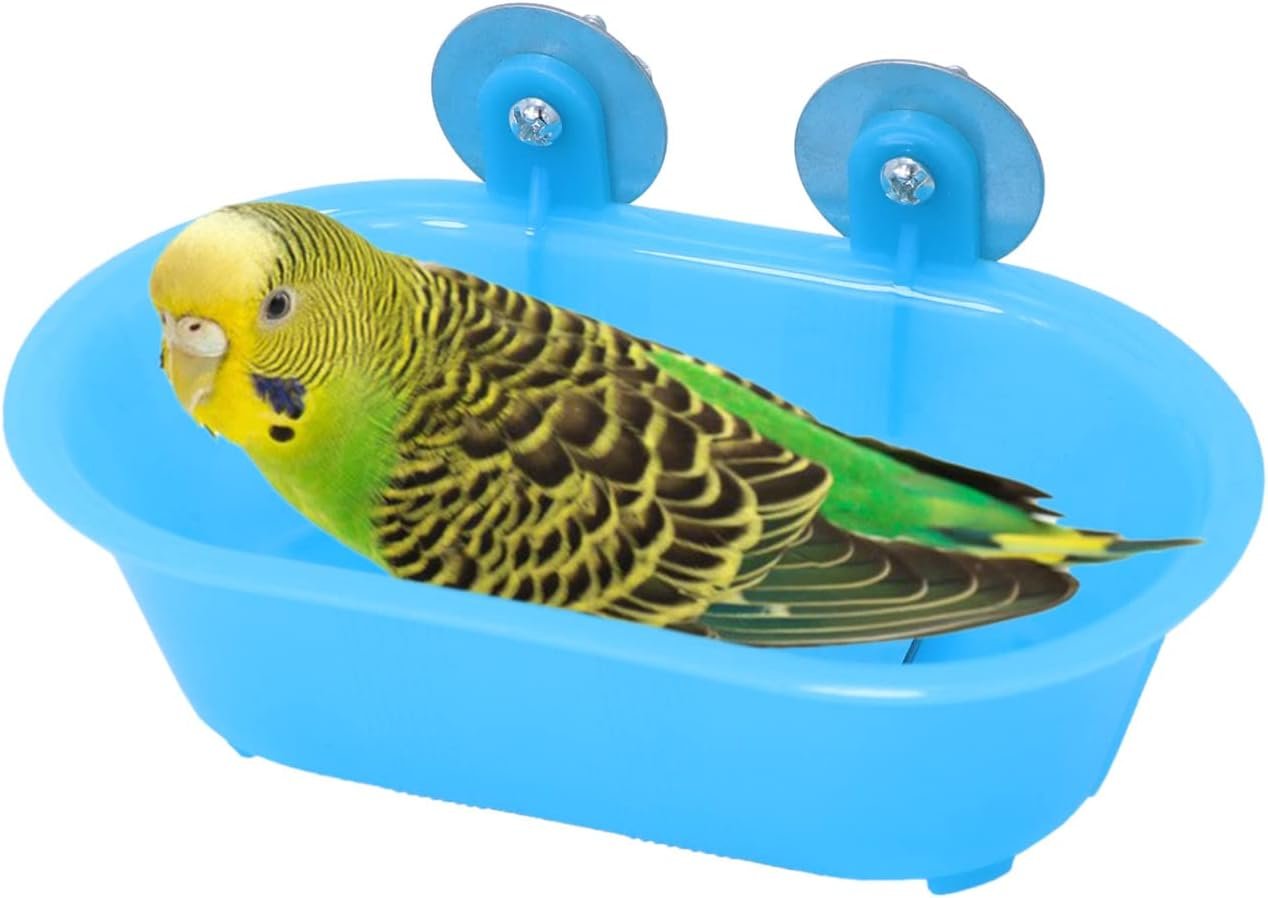 Wontee Bird Bath with Mirror for Small Birds Budgie Parakeet Cage, Blue (B)