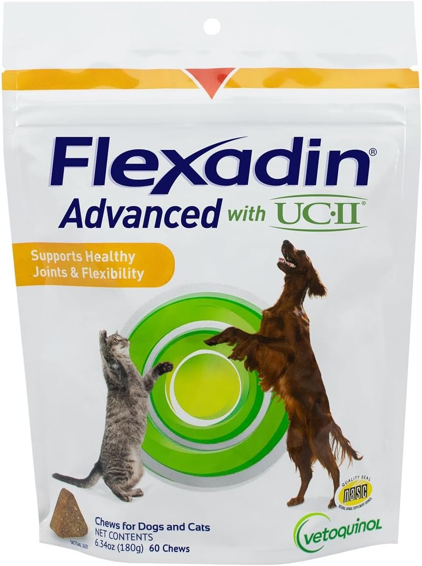 Vetoquinol Flexadin Advanced Hip and Joint Supplement with Undenatured Collagen for Dogs, One Chew a Day Hip and Joint Support Chew for Dogs and Cats, Clinically Proven Vet-Approved Formula, 60 Chews