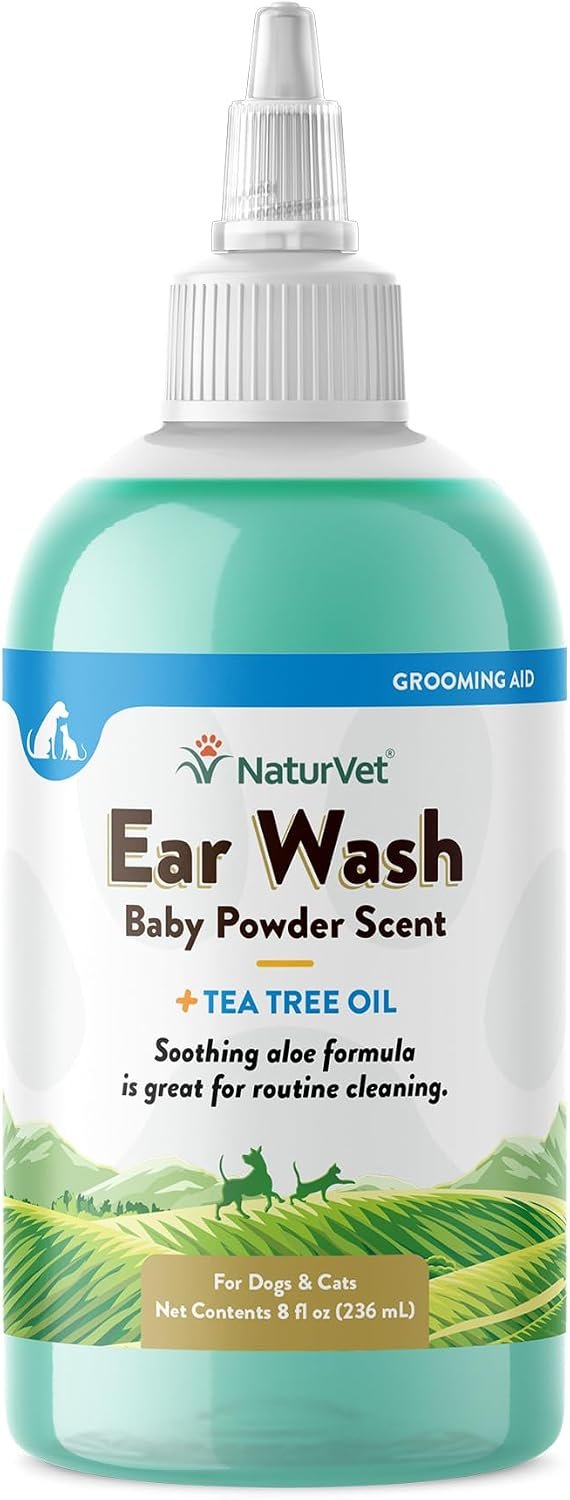 NaturVet Ear Wash with Tea Tree Oil Aloe & Baby Powder Scent | 8 oz