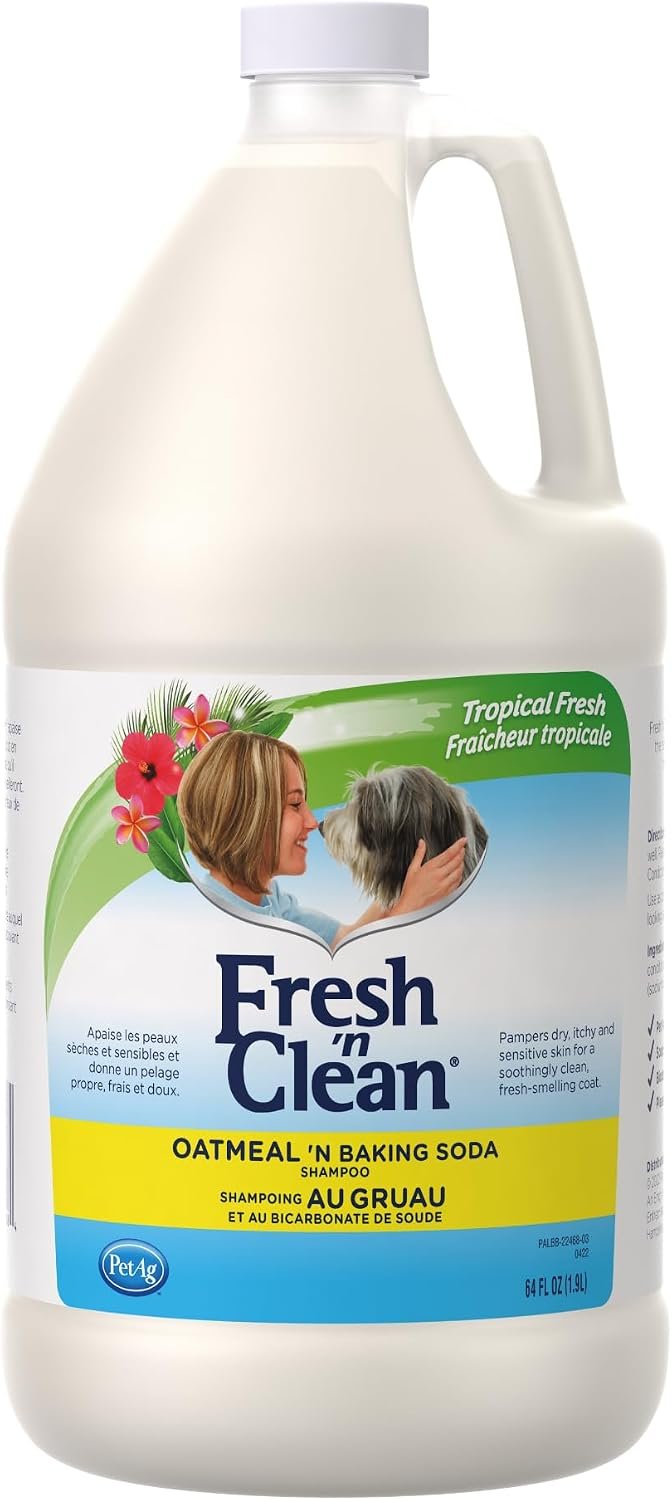 PetAg Fresh ’n Clean Oatmeal ’n Baking Soda Shampoo – Tropical Fresh Scent – 64 oz – Nurtures Dry, Itchy & Sensitive Skin with Vitamin E & Aloe – Strengthens & Repairs Coats – Soap Free