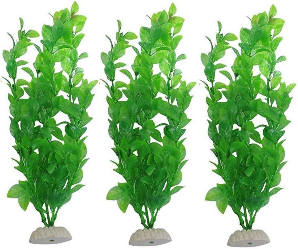 WAFJAMF 3Pack 10.6″ Plastic Seaweed Water Plants for Aquarium Decorations | Non-toxic artificial green fish tank greenery with weighted ceramic bases for betta, turtle, and reptile habitats