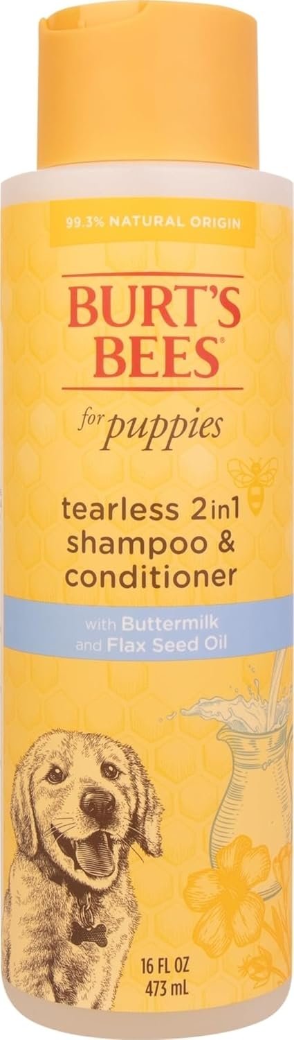 Burts Bees Tearless Puppy Shampoo & Conditioner with Buttermilk, 16 Fl Oz | Gentle 2-in-1 formula cleans and conditions sensitive puppy skin and coat, tearless for easy bath time