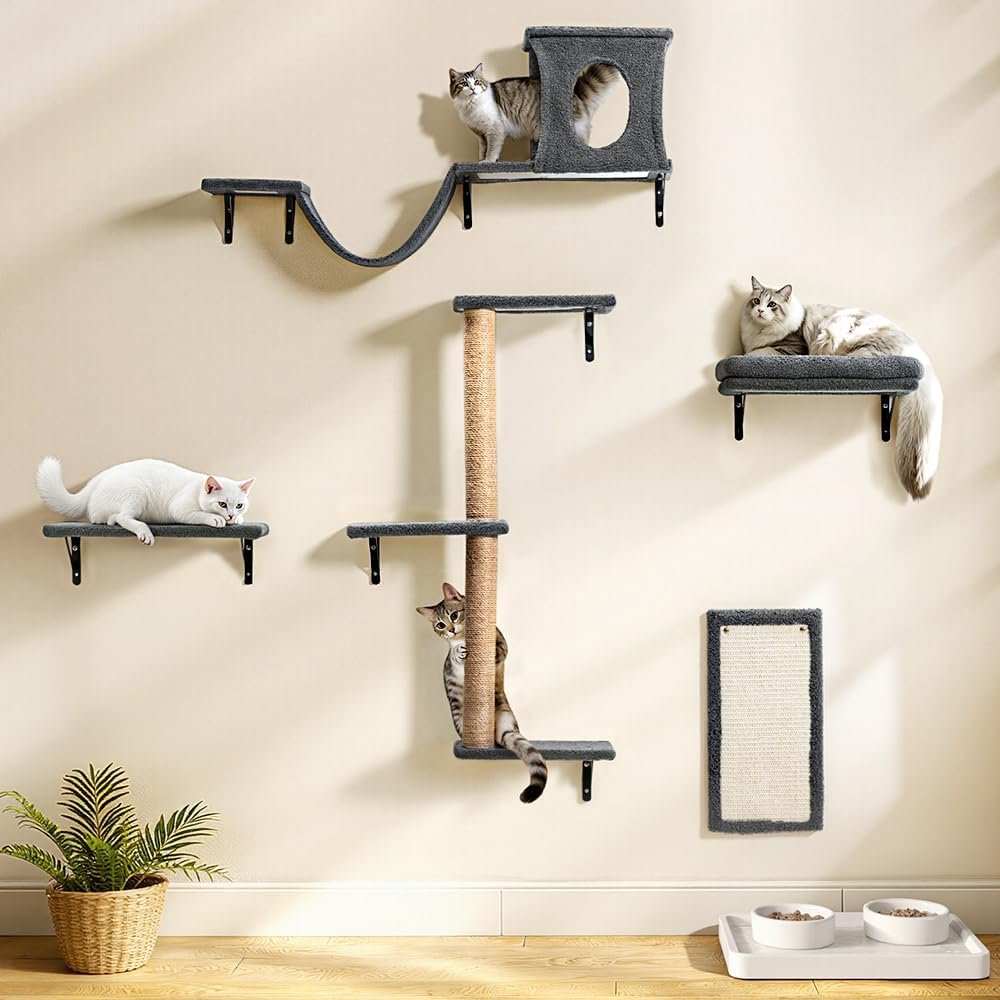 PawGiant Cat Wall Shelves, 5-in-1 Cat Furniture Set, Wooden Cat Climber | Wooden Perches, Condo House, Cat Bed, Scratching Post & Board for 16inch Drywall and Solid Wall