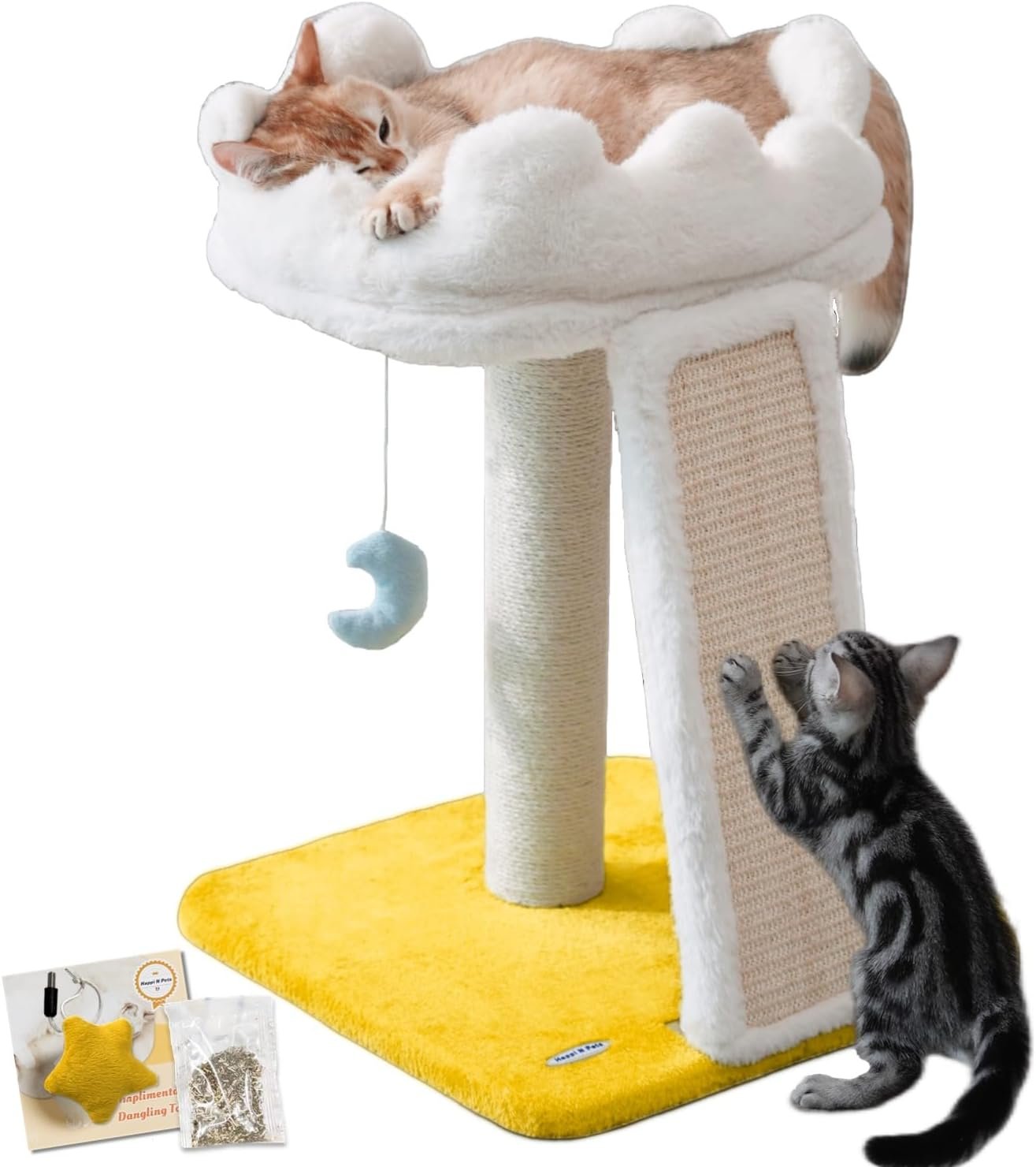 Happi N Pets Cat Tree, Cloud Cat Tower with Soft Bed, Cat Scratching Post & Pad with Larger Perch for Window Viewing, Small Cat Tree with Cute Toys, Bonus Catnip
