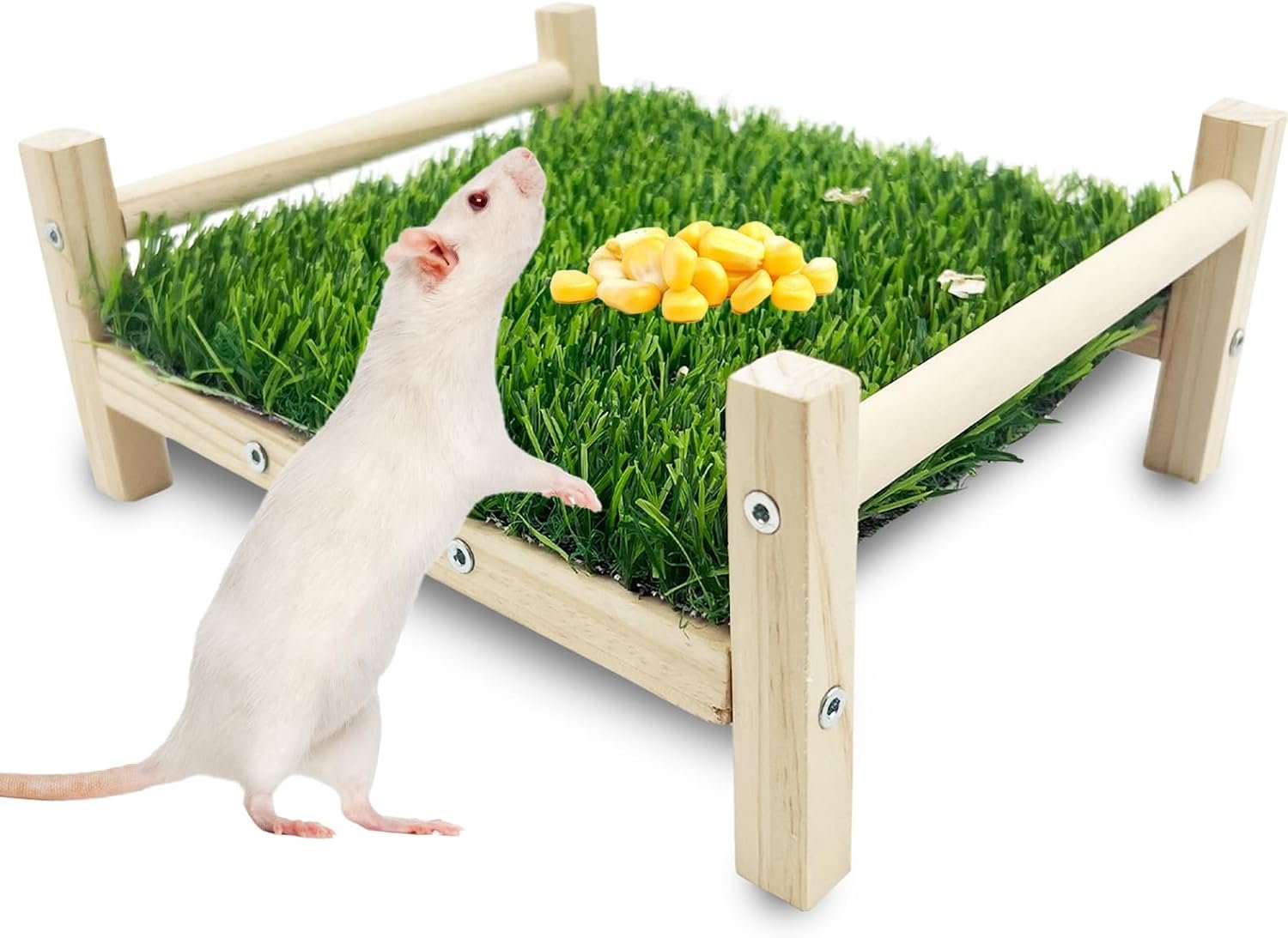 FlidRunest Wooden Rat Foraging Toys, Artificial Grass Foraging Mat for Rats, Safe Rats Enrichment Toys Activities, Boredom Relief Hanging Bed for Pet Rat