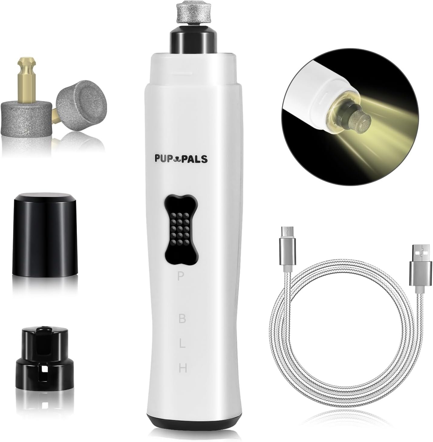 Upgrade Dog Nail Grinder with 5 LED Shadow Free Light, Dog Nail Trimmer Protect Pet Paws from Over Grinding with 2 Speed Super Power Motor, with one aditional Concave-Shaped Replacement Head