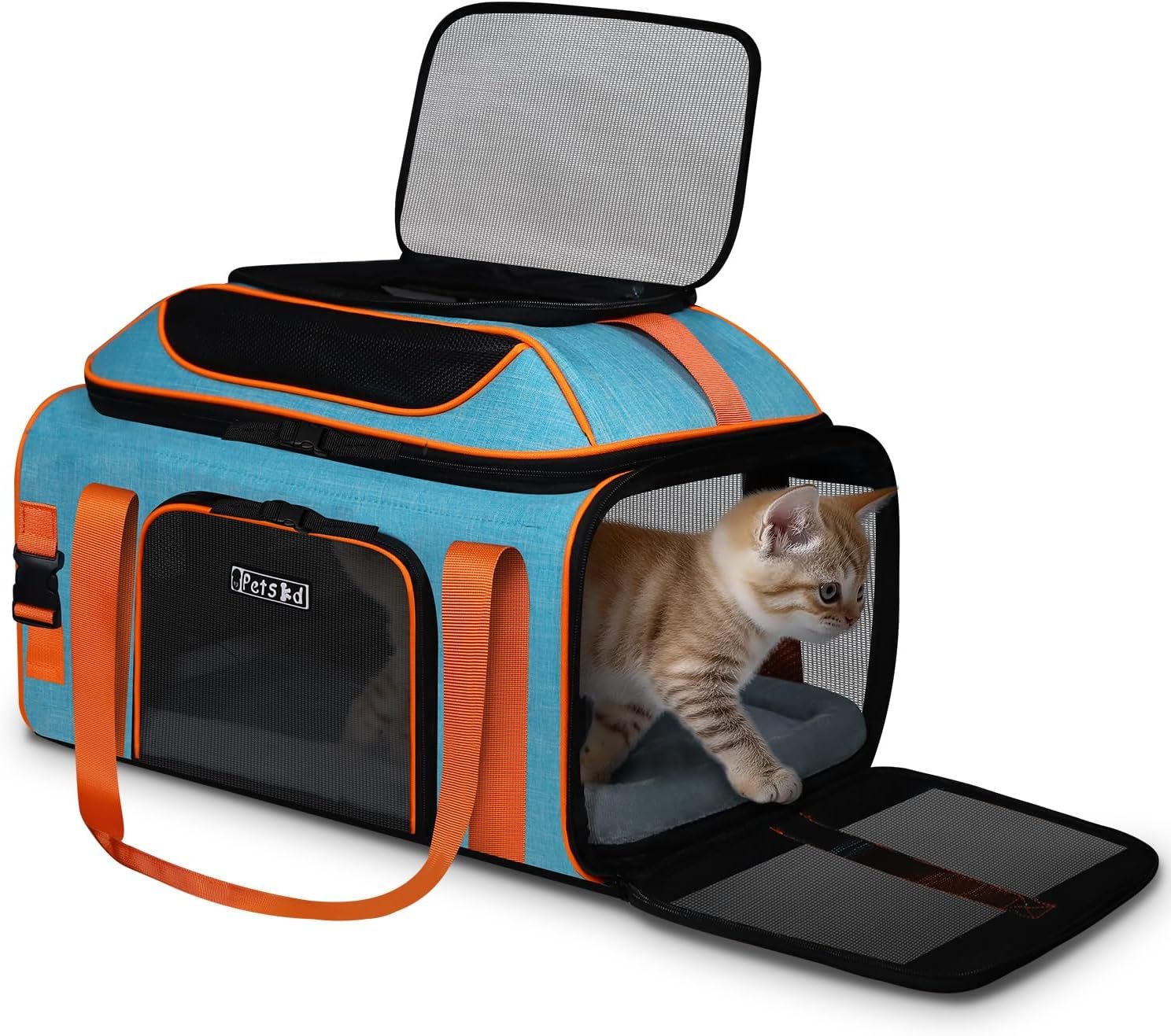 Petskd Top-Expandable Pet Carrier 19″x13″x9″ Airline Approved, Blue | for Southwest Allegiant Airlines, Lockable Safety Zippers and Anti-Scratch Mesh, Pets Under 12 Lbs