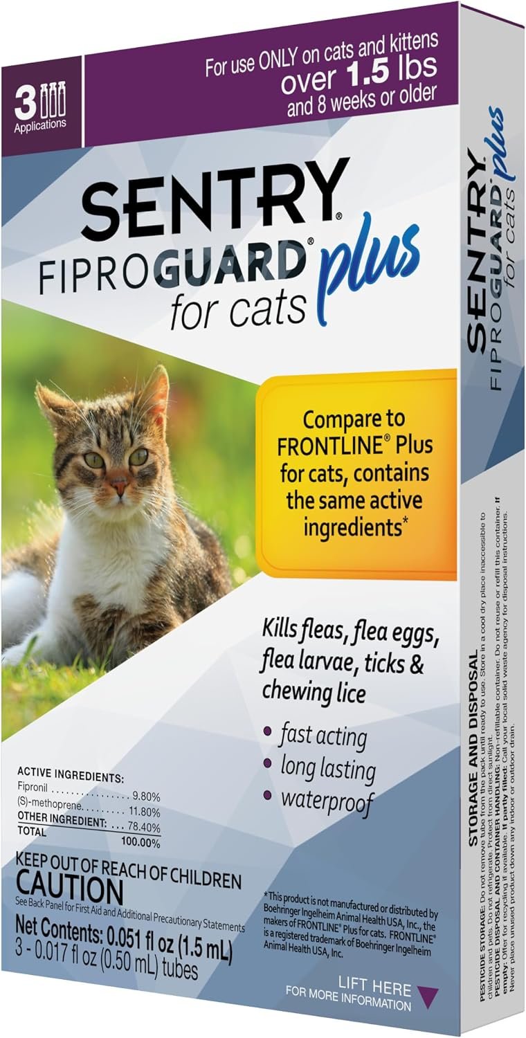 SENTRY PET CARE SENTRY Fiproguard Plus for Cats, Flea and Tick Prevention for Cats (1.5 Pounds and Over), Includes 3 Month Supply of Topical Flea Treatments